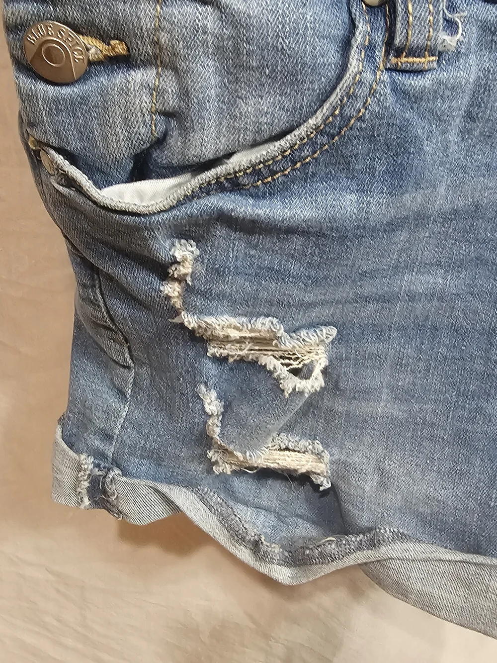 Blue Spice Light Blue Distressed Denim Short Overalls Bibs Size 5 Woman/juniors.